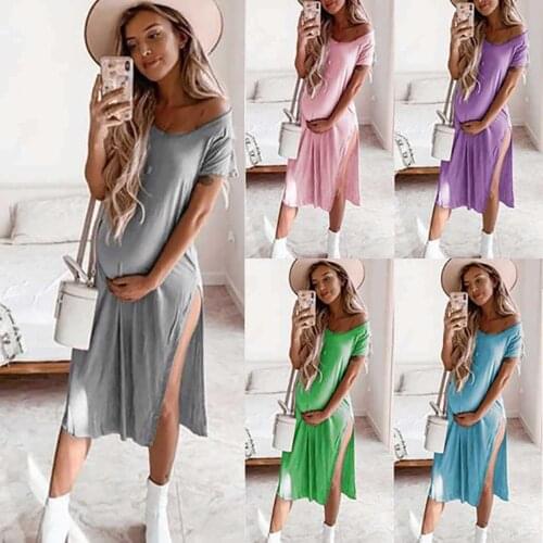 New fashion maternity dress personality easy simple solid color round neck high split mid-length T-shirt maternity dress