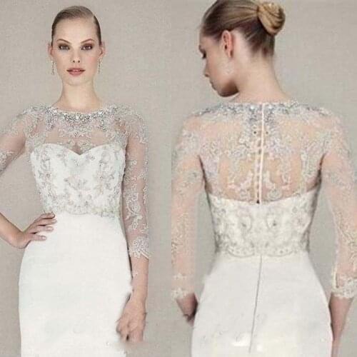 New Luxury Crystals Lace Appliques Scoop Neck 3/4 Sleeve White Ivory Bolero Jackets Zipper Back Lace Sheer Boleros Custom