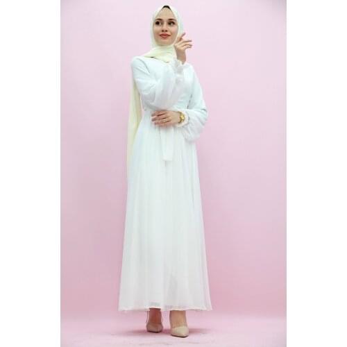New Season Summer Trend Muslim Bike Collar Chiffon Dress White