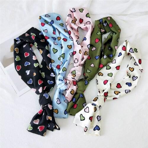 New 145cm Silk Scarf Women Long Thin Ribbon Womens Sweet Love Heart Decorate Neckerchief Multi-Function Scarf Tie Bag Headband