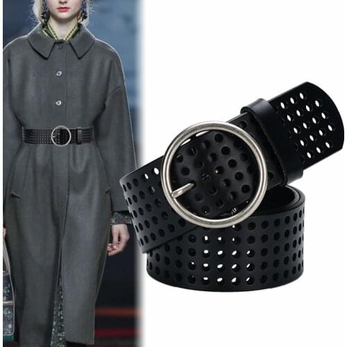 Original Design Real Cow Leather Belt Vintage Circle Pin Buckle Hollow Belts for Women Jeans Fashion Top Quality Wide Belt Coat