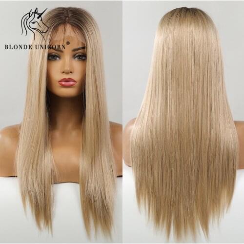 Blonde Unicorn Long Straight Synthetic Lace Part Hair Wigs Ombre Blonde For Black White Women Heat Resistant Fiber Daily Use