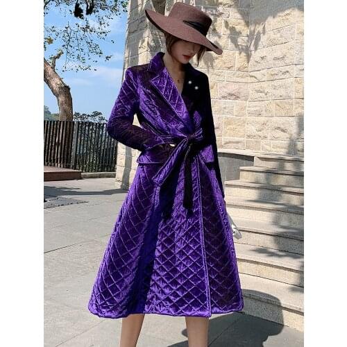 Purple Long Cotton Padded Parkas Coat Women Winter Double Breasted Belted Slim Work Office Thick Warm Velvet Skirt Parkas