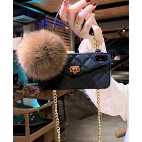 Luxury Fashion Metal Clasp Fox Fur Ball Pendant Card Bag Purse Case Cover For Huawei mate 40 30 P30 P40 Pro Chain Handbag Cover