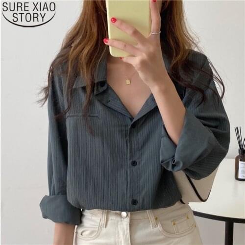 Fashion Striped Shirts Women Long Sleeve Blouse Office Lady Korean Vintage Shirt POLO Collar Autumn Retro Clothes Tops 11811