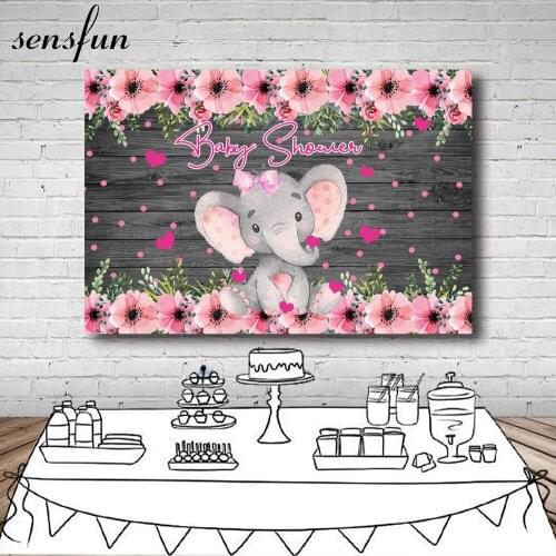 Sensfun Wood Pink Flowers Elephant Girls Baby Shower Photography Backgrounds Newborn 1st Birthday Party Backdrop Custom Banner