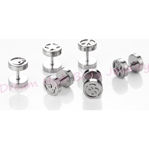 New Arrival Cut Logo Ear Studs Barbell Punk Gothic Stainless Steel Earrings 8mm Fake Ear Plugs Round Mixed Logos Popular Jewelry
