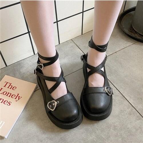Women Shoes Sweet Lolita Shoes Platform Round Head Thick Heel Cross Bandage Kawaii Shoes Cosplay Mary Jane Shoes Heart Buckle