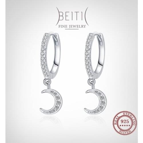 Beitil Real 925 Sterling Silver Fine Moon Hoop Earring Women Dazzling Clear CZ Fashion Elegant Wedding Jewelry