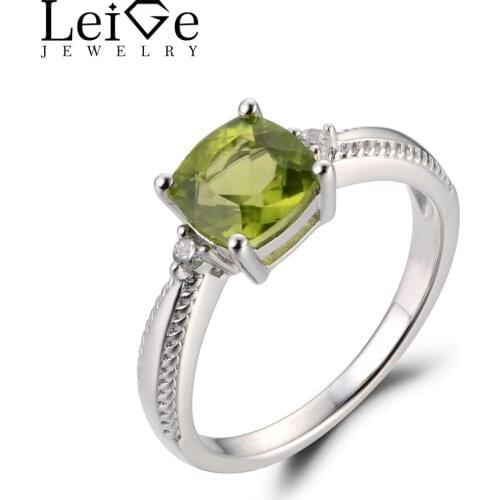 Leige Jewelry Natural Peridot Green Gemstone August Birthstone Cushion Cut Prong Setting Engagement Romantic Rings For Woman