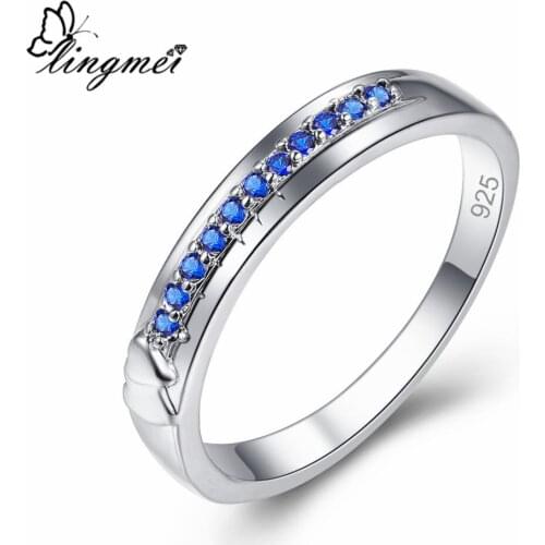 Lingmei Simple Trendy Wedding Rings Blue Zircon Fashion Women JewelrySilver Color Ring Size 6 7 8 9 Anniversary Couple Gifts