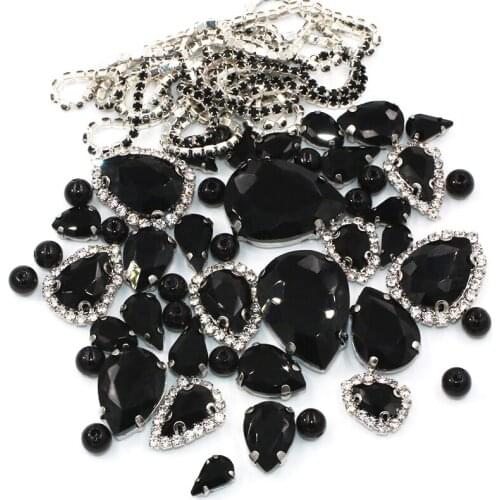 Handmade Accessories Black Teardrop Mix Size Glass Crystal Stones Pearl Beads Cup Chain Rim Rhinestones Sew On Clothing/Dress