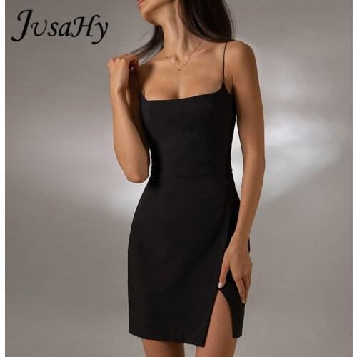 Jusahy Basic Black Sling Dress Bodycon Dress Spaghetti Strap for Women Summer Vacation Streetwear