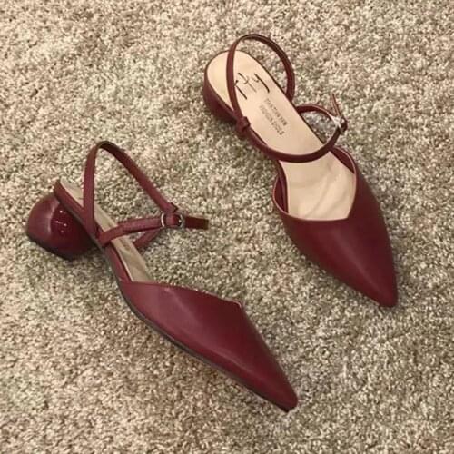 Retro Designer Chic Wine Red Nude Sandals Women Fashion Elegant Pointed Toe Pumps Ladies Office Leather High Heels Mules Femme