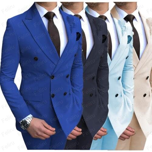 Double Breasted Mens Suit For Wedding Groom Groomsmen Tuxedos Men Formal Prom Office Party Slim Blazer Suit (Jacket+Pants)