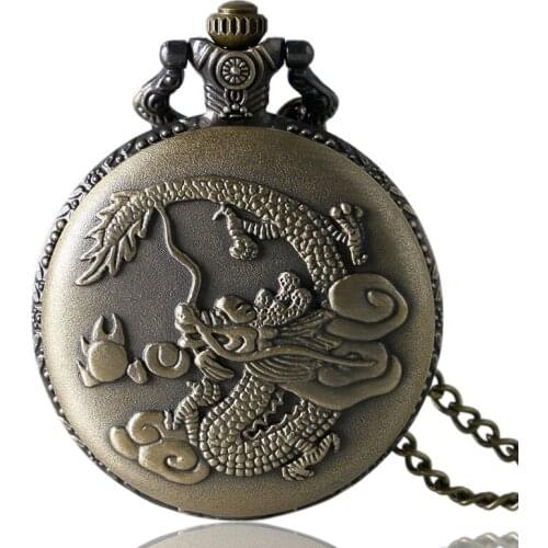 Steampunk Quartz Pocket Watch Bronze Retro Chinese Zodiac Dragon with Necklace Chain Antique Style Charm Gifts Man Woman Clock