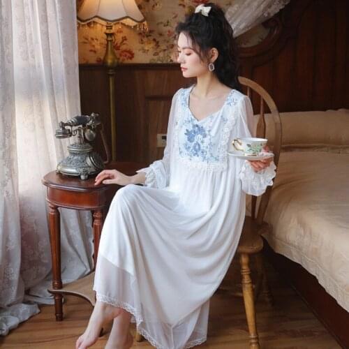 Cute Palace Style Modal Nightdress Loose Women Spring Princess Nightgown Long Sleeve Mesh Sleepdress Lace Long Fairy Home Dress