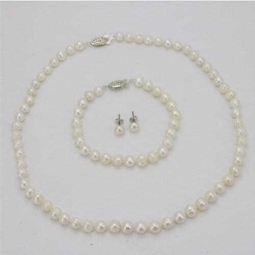 Min Order 1) 7-8mm Real White Cultured Pearl Necklace Bracelet Earring Set Beads Fashion Women Jewelry Set Natural Stone 18inch
