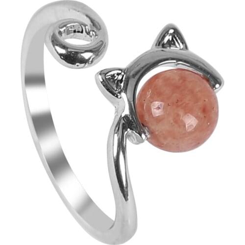 Fashionable New Cute Cat Ring Animal Hollow Red Beads Can Be Rotated Opening Adjustment Simple Female Jewelry Gift Hot Sale