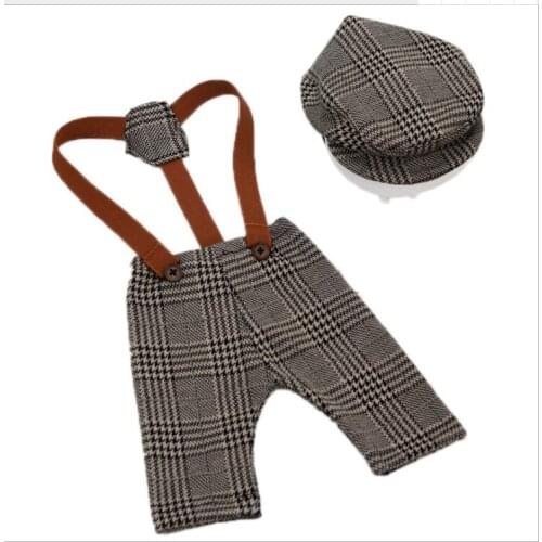 New childrens photography Cap with Pant studio plaid suit newborn baby photographed hand-woven clothes