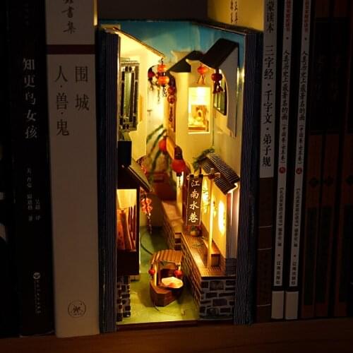 New DIY Book Nook Jiangnan Water Alley Bookend Book Shelf Insert Bookcase Assembled Wooden Building Kit Toy for Children Gift