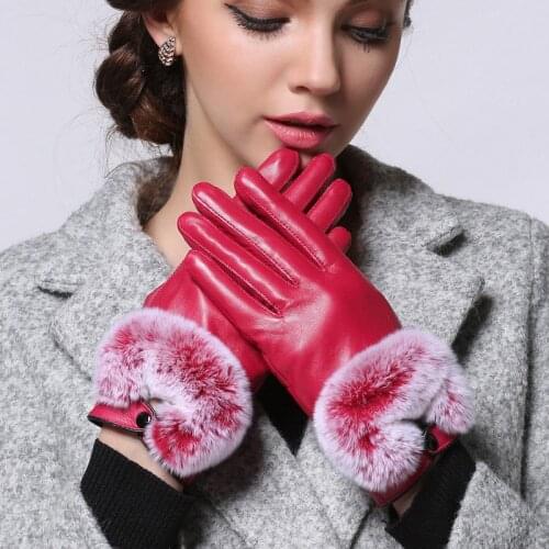 Winter Warm Leather Gloves With Real Rex Rabbit Fur For Women 2018 Ladys Warmer Luxury Real Leather Lined Glove With Finger