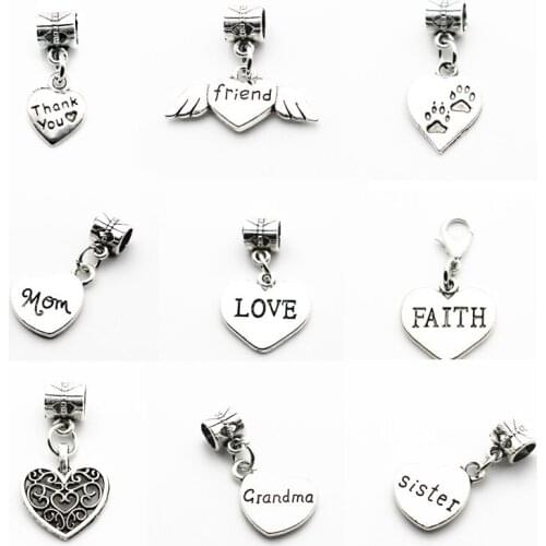 12pcs/lot heart Silver Alloy dog paw thank you Pendant Dangle Charms Lobster Clasp Hanging Charm fit Bracelet Necklace