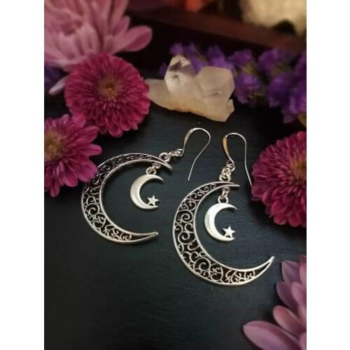 Crescent Moon Earrings, Moon, Moon and Star Dangling Earrings, Hippie Witch, Filigree, Celestial Jewelry Gift