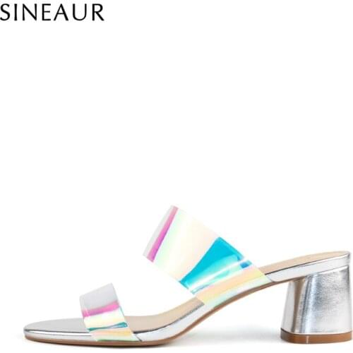 SINEAUR Women Shoes 2021 Summer Bright Colorful Clear PVC Chunky High Mid Heels Slippers Straps Sandals Fashion Plus Size 35-45