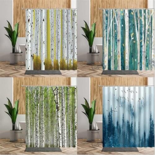 Modern Forest Shower Curtain Green Plant Tree Bird Landscape Bath Curtains Printed Natural Scenery For Home Bathroom Decoration