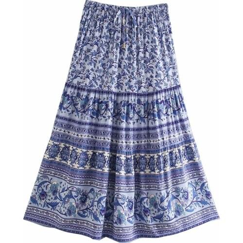 YENKYE Vintage Blue Floral Print Holiday Boho Long Skirt Women Elastic High Waist A-line Casual Jupe Summer Ropa Mujer