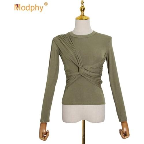 Casual Black T Shirt For Women O Neck Long Sleeve Cross Ruched Slim Knitted Tops Female 2020 Autumn Fashion New Tide