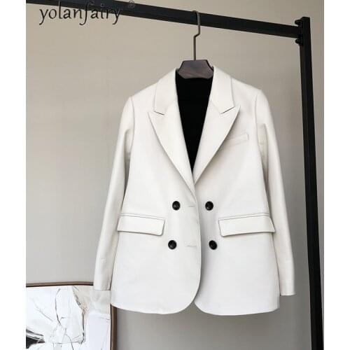 100% Real Sheepskin Coat Female White Genuine Leather Jacket Women Spring Fall Leather Blazer Veste Cuir Femme 2021 KJ6800