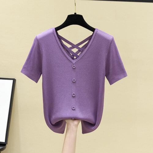 2021 Women New T-Shirts Short Sleeves V-neck Summer Short Casual Solid Color Fashion Female Thin Knitting Sweater Tops Tees L36