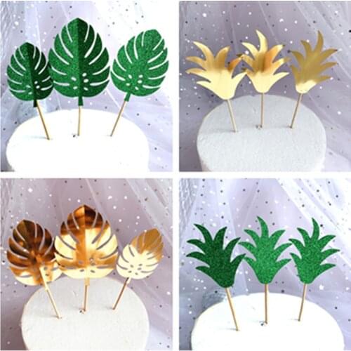 3pcs Sequin Tropical Plants Green Gold Monstera Leaves Cake Topper for Jungle Party Happy Birthday Cake Topper Baby Shower