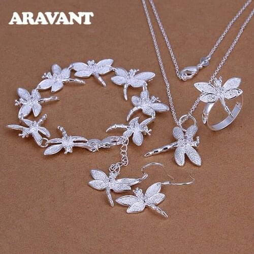 925 Silver Dragonfly Pendants Necklaces Bracelet Earrings Ring Jewelry Set For Women Party Gifts