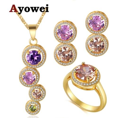 Ayowei Wholesale and retail multicolor zircon yellow gold tone earring necklace pendant ring size jewelry set #6#7#8#9#10 JS733A