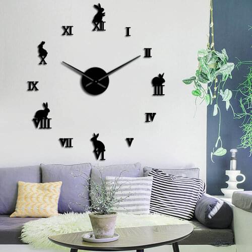 Rabbit with Roman Numerals DIY Large Wall Clock Kids Room Decor Frameless Giant Wall Watch 3D Mirror Effect Wall Sticker