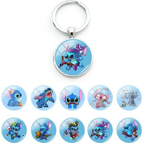 Disney Lilo & Stitch Cute Stitch Keyrings Gifts for Kid Boys Girls Bag Car Keychain Glass Dome Pendant Cabochon Keychains DSN313
