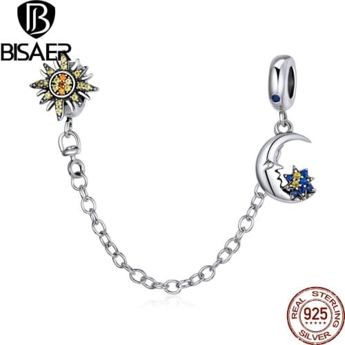 BISAER Sun & Moon Safety Chain 925 Sterling Silver CZ Pendant Charms for Bracelet Necklaces DIY Jewelry Accessories ECC1763