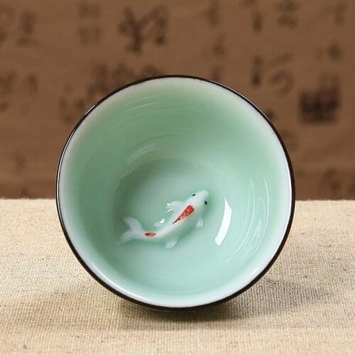 40ml Celadon Chinese Kungfu Tea Cups Green/ Blue Embossed Carp Goldfish Teacup Small Fish Creative Ceramic Tasting Cup 6.3*3cm