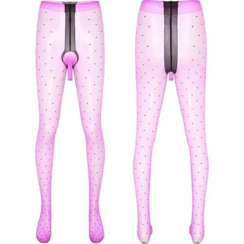 Sissy Gay Men Dot Pattern Tights Glossy See-through Mesh Stockings Bulge Pouch Pantyhose Stretchy Nylon Thin Leggings Underwear