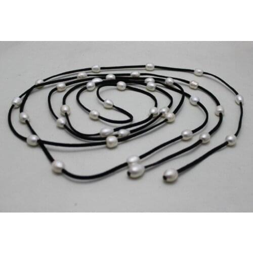 Handmade 60INCH Black Leather long necklace 36beads white Freshwater pearl 10x12mm Fashion Jewelry