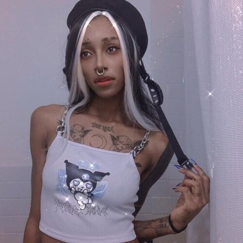 Kawaii Harajuku Sweetheart Sweet Gothic Street Rock Rap Hip Hop Vest Sleeveless Short Navel Camisole Top Chain Print Devil Sling