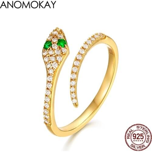 Anomokay Trendy Green & White Crystal Snake Model Open Gold Color Rings for Women Fashion Gift Real 925 Silver Ring Jewelry