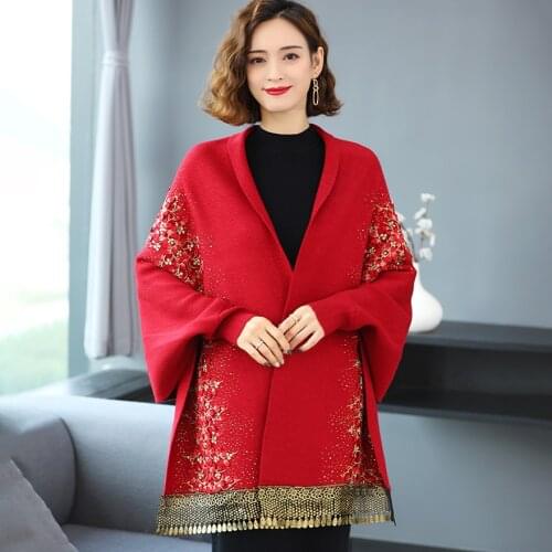 ZJZLL Pashmere Woman Fashion Diamond Flowers Shawl Loose Plus Size Cardigan Tassel Knit Sleeve Poncho Cape Winter Sweater Coat