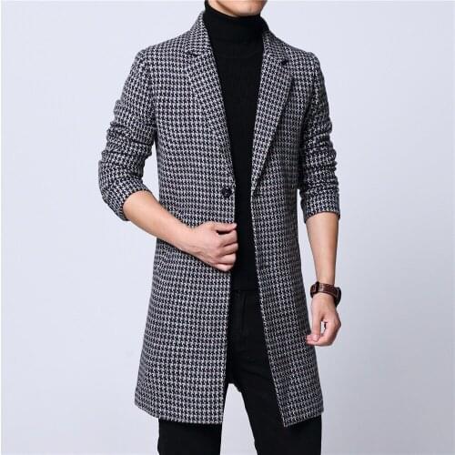 Mens long coat winter woolen melton overcoat puppy plaid two buttons full lining long sleeve M-6XL black 18NovW4 drop shipping