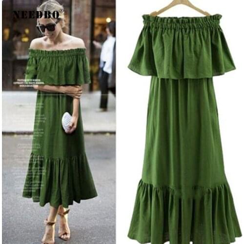 NEEDBO Dresses Vestido Loose Long Women Dress Casual Slash Neck Sexy Dress XXL Plus Size Off Shoulder Lotus Leaf Beach Dress