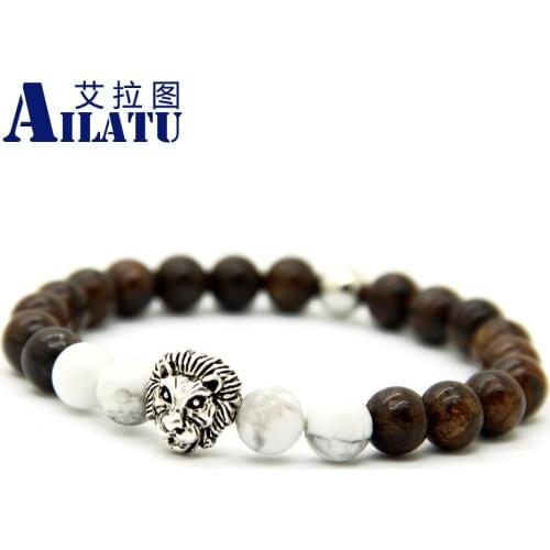 Ailatu New Design 8mm Power Bronzite Stone Beads Lion Head Energy Bracelet Jewelry for Men Gift