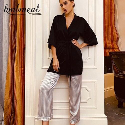 Pajamas for Women Emulation Silk Summer Bathrobe Three Quarters Sleeve Trousers 2 Piece Stripe Soft Sleepwear Homewear Plus Size